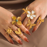 Bague tendance en acier inoxydable plaqué or 18 carats avec motifs cœur, fleur, nœud, étoile de mer, papillon et soleil, pour femme, bijou fantaisie, cadeau tendance