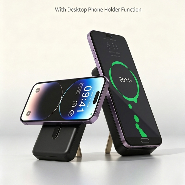 10000mAh Magnetic Wireless Charging Power Bank PD 20W Portable Charger Built-in Type-C Cable with Foldable Stand for Phone