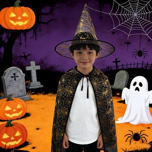 Kostum Jubah Anak-anak Halloween Jubah Cetak Emas Topi Penyihir Anak Laki-laki Perempuan Set Topi Selendang Pertunjukan Anak-anak Cosplay Kostum Jaring Laba-laba - Product Image 2