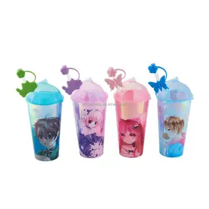 Novelty cangkir mainan anak-anak, sedotan plastik pesta kartun bening 20 Oz 600ml dengan LED