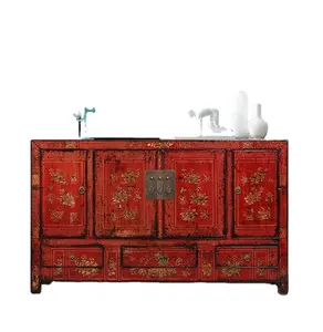 Çin antika mobilya katı ahşap el boyalı büfe dolabı