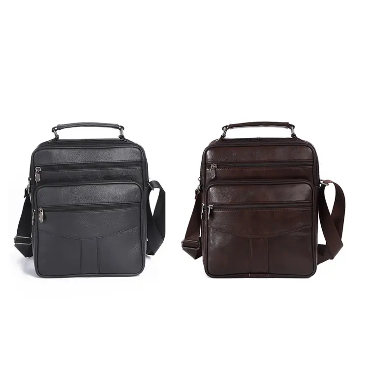 High quality black genuine leather multi pocket messenger bags for men vintage cross body bag