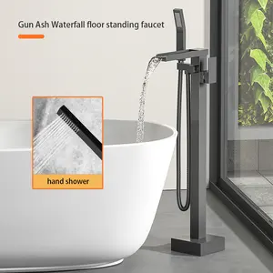 High-end Luxury Freestanding Floor-to-ceiling Bathtub Shower Black Flat Mouth Square Brass Bathtub Faucet Bathtub Filling