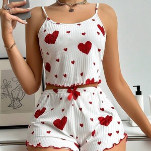 IStapromo Gifts Women's Sexy Knitted Sleepwear <b>Set</b> with Heart-shaped Printed Suspender Shorts Two-piece <b>Set</b> - Product Image 1