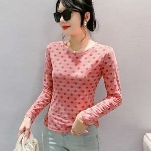 Primavera estate floccaggio a maniche lunghe Top a pois girocollo da donna Top traspirante tessuto di maglia snellente <span class=keywords><strong>vestiti</strong></span> per ragazze - Product Image 4