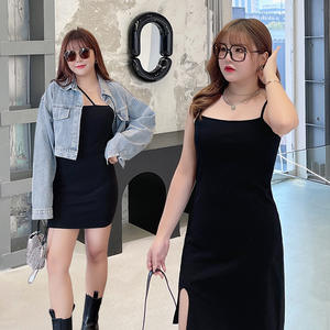 เดรสสายเดี่ยวสีดำทรงเอไลน์สำหรับผู้หญิงไซส์พลัส รุ่นใหม่ พร้อมผ่าข้าง เอวธรรมชาติ ผ้าฝ้ายสีพื้น N7977 - Product Image 1