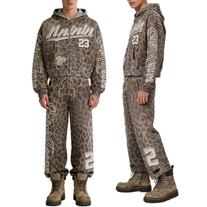 Ensemble de jogging en molleton 100% coton pour adolescents - 2 pièces, sweat-shirt à capuche grande taille et pantalon cargo avec taille élastique - Product Image 1