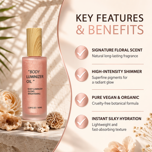 Aceite corporal vegano HKH con aroma floral natural, brillo y efecto iluminador, en botella esmerilada. - Product Image 2