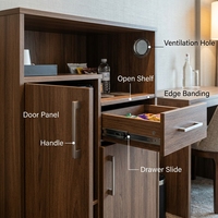 Mini-bar d'hôtel en chêne blanc avec porte vitrée, mini-réfrigérateur, 3 tiroirs, station à thé ouverte, meuble de rangement moderne pour chambre d'hôtes