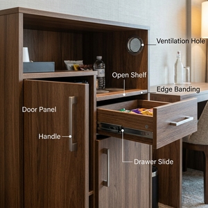 Mini-<span class=keywords><strong>bar</strong></span> d'hôtel en chêne blanc avec porte vitrée, mini-réfrigérateur, <span class=keywords><strong>3</strong></span> tiroirs, station à thé ouverte, meuble de rangement moderne pour chambre d'hôtes - Product Image 4