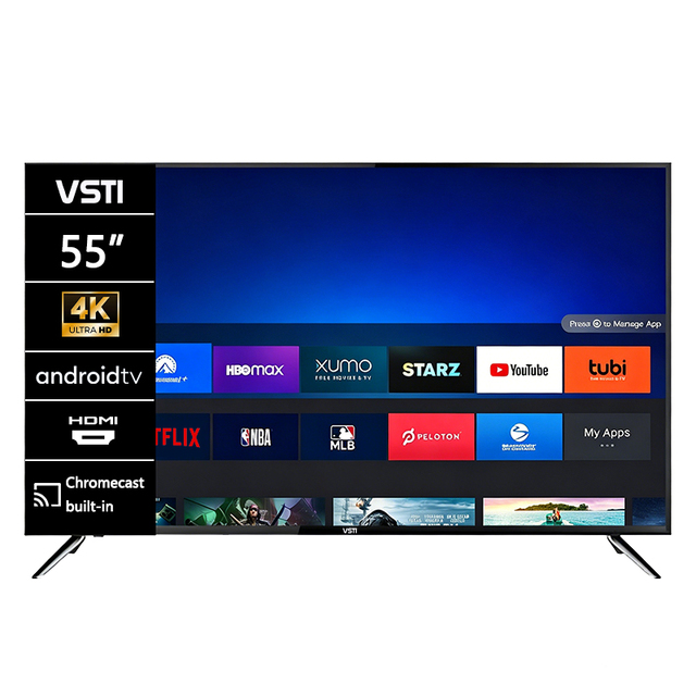 55-Inch Black Android Smart TV 4K UHD with Home/Hotel Voltage Compatibility 110-240V Multi-language Support