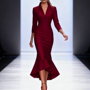 Robes en satin élégantes pour femmes, couleur unie, manches longues, col en V, mode automne - Product Image 4