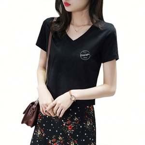 Camisetas holgadas de algodón de alta calidad con serigrafía personalizada, ropa informal de cuello grueso, camiseta de manga corta con cuello en V para mujer - Product Image 5