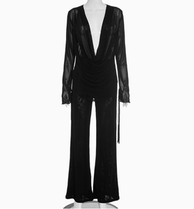 Viviblook J25ST273 <b>Sexy</b> Women's <b>Set</b> Autumn Outfits Mesh See Through Swinging Collar Tied Long Sleeved Top Slim Fit Pants <b>Set</b> - Product Image 2