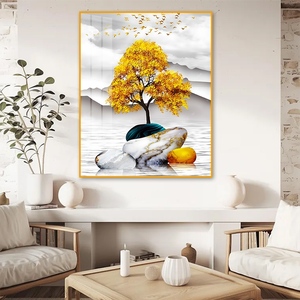 Feuilles dorées sur le lac miroir - <span class=keywords><strong>Peinture</strong></span> diamantée moderne en porcelaine cristalline dans un cadre en aluminium de qualité supérieure pour <span class=keywords><strong>d</strong></span>écoration murale - Product Image 2