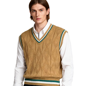 Men's Knitted Argyle Vest Sleeveless V-Neck Sweater Autumn Wear White Collar Shirt Layering Top - Product Image 1