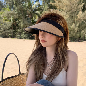 <b>Straw</b> Woven Visor <b>Hat</b> Wide Brim Adjustable Foldable For Women Beach Vacation Sun Protection Korean Style Trendy Off White Beige - Product Image 2