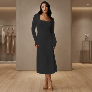 Vestido Midi Sencillo con Cuello Redondo y Manga Corta, Cintura Alta, para Mujer, Casual, Ajustado, Color Sólido, Tejido de Poliéster, para Uso Diario, Todas las Temporadas, Estilo Dulce - Product Image 3