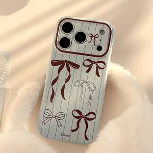 Coque pour iPhone 17 Pro Max, bleu laiteux et marron vintage, coque de téléphone souple antichoc intégrale avec nœud papillon - Product Image 1