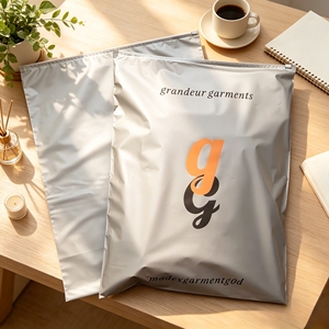 Bolsas de plástico con cierre hermético, color gris mate personalizado, con impresión de logotipo en dos colores, resellables, para empaque de ropa. - Product Image 1