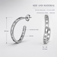Boucles d'oreilles créoles en acier inoxydable plaqué or avec zircone cubique sertie en clos, forme C, pour femme, usage quotidien et soirée, vente en gros