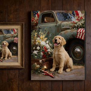 <span class=keywords><strong>ภาพ</strong></span><span class=keywords><strong>วาด</strong></span>บนผื<span class=keywords><strong>น</strong></span>ผ้าใบติดกรอบลายธงชาติอเมริกา รูปสุนัขและดอกไม้ สำหรับตกแต่งบ้านสไตล์ฟาร์มเฮาส์ - Product Image 1