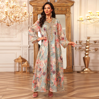 Abaya pour adultes à imprimé floral brodé en polyester respirant, col montant, manches longues, style Dubaï, Kaftan, Robe longue musulmane