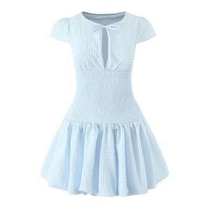 Minivestido informal de verano de manga corta con cordones y estampado de cuadros rojos para mujer - Product Image 2