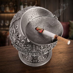 <b>Vintage</b> Round Stainless Steel Desktop <b>Ashtray</b> with Ornate Floral Design for Home Use - Product Image 5