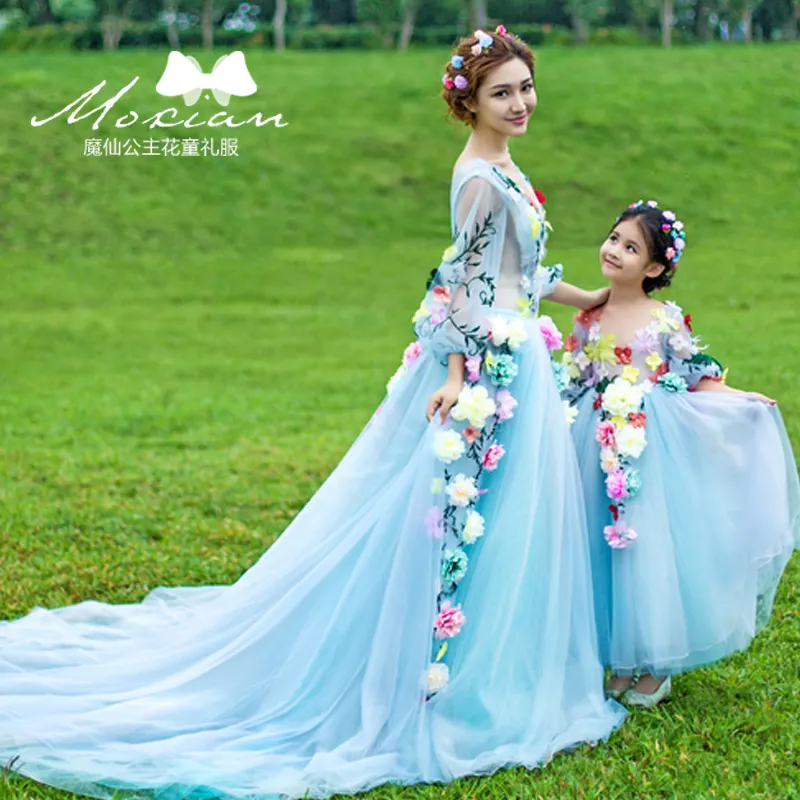 Vestido longo de princesa, vestido de princesa floral para adultos e crianças, traje de aniversário, roupa azul royal para festa