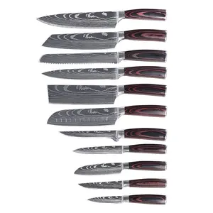 Ensemble de couteaux de cuisine haute quantité 11 pièces ensemble de couteaux en acier inoxydable couteau de Chef professionnel Santoku avec manche en bois Pakka