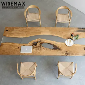 WISEMAX FURNITUREモダンなダイニングルームの家具長方形のオーク材の木製テーブル金属ベースの長い無垢材のダイニングテーブル