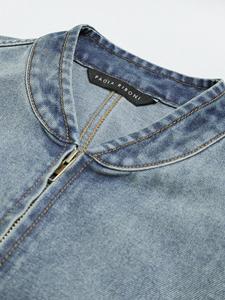 Women's <b>Denim</b> Bomber <b>Jacket</b> Loose Fit Stonewashed Cotton Casual Autumn Style with Zippers and Contrast Color Design - Product Image 4