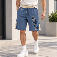 Shorts en tricot gaufré personnalisés pour hommes, color block, ourlet brut, cordon de serrage, broderie logo, pour un style décontracté et urbain