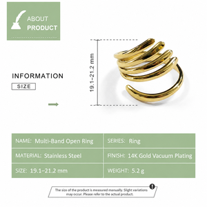 Multi-Band Open <b>Ring</b> Stainless <b>Steel</b> 14K Gold Vacuum Plated Adjustable Five-Line Sculptural <b>Ring</b> 19.1–21.2 mm - Product Image 2