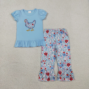 Vêtements pour filles avec broderie de poulet et fleurs bleues, tenues du 4 juillet pour sœurs - Product Image 2