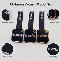 Médaille octogonale personnalisée OEM en or, argent, or rose, noir, émail, avec logo d'entreprise, ensemble de récompenses pour compétitions sportives avec ruban imprimé