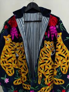 Hand Embroidered Breathable Cotton Velvet Safari <b>Jacket</b> <b>Mandarin</b> <b>Collar</b> Full Sleeve Floral Pattern Tiger Design Women's Finished - Product Image 3