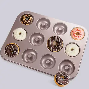 Home Carbon Steel Non-Stick Gold 12 Cavity Donut Baking Pan for Cupcake Cake Mould Biscuit Baking Tray Mold Donuts Stanlis