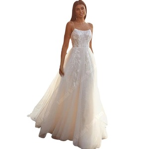 White <b>Spaghetti</b> <b>Strap</b> Lace A-Line Wedding Dress Square Neck Backless Natural Waist Lightweight Bridal Gown - Product Image 5