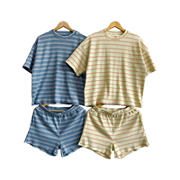 Ensemble côtelé rayé pour femme : Haut ample à manches courtes et col rond & Short à taille élastique – Tenue décontractée 2 pièces en coton doux et respirant