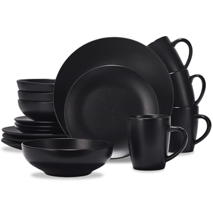 Juego de Vajilla de Cerámica Esmaltada en Color Negro, Blanco y Beige, 16 Piezas, Listo para Enviar, Estilo Moderno y Minimalista - Product Image 1