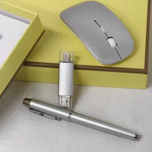 Boce Set pena hadiah bisnis 3 dalam 1, Flash Drive USB + Mouse nirkabel dengan kotak hadiah Logo yang disesuaikan untuk Natal
