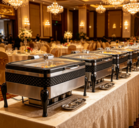 Plats de service de luxe de haute qualité 9L pour banquets de mariage, en acier inoxydable noir, chauffe-plats avec couvercle en verre hydraulique, alimentés à l'alcool