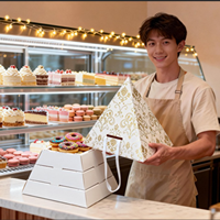 Individuell Bedruckte Biologisch Abbaubare Pyramidenförmige Dessertbox Einweg 3-stöckiger Verpackungsbehälter für Kuchen Eierkuchen Gebäck Bäckerei