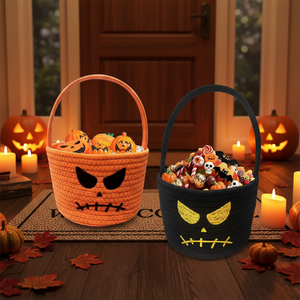 Panier de rangement en corde de coton tressé à la main, série Halloween, sac à bonbons pour enfants, sac citrouille, seau de bonbons pour Halloween - Product Image 3