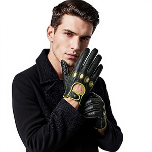 Gants de conduite en cuir de mouton noir pour hommes et femmes, coutures vertes, trous de ventilation, respirants, confortables, pour la conduite quotidienne - Product Image 5