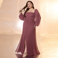 Robe de soirée longue pour femme, taille plus, design luxueux à manches bouffantes, col carré, décontractée, glamour, dos nu, fente haute, couleur unie