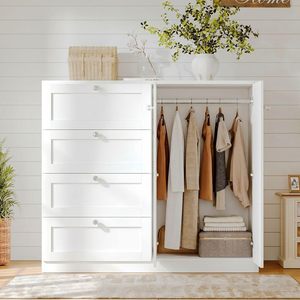 <span class=keywords><strong>Armoire</strong></span> en bois avec 4 tiroirs et 2 portes, penderie de rangement pour vêtements, commode autoportante avec tringle de suspension - Product Image 1