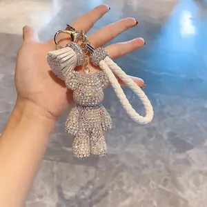 Fanhua porte-clés mignon ours en peluche porte-clés gland corde lanières strass brillant voiture Bling porte-clés luxe diamant ours porte-clés